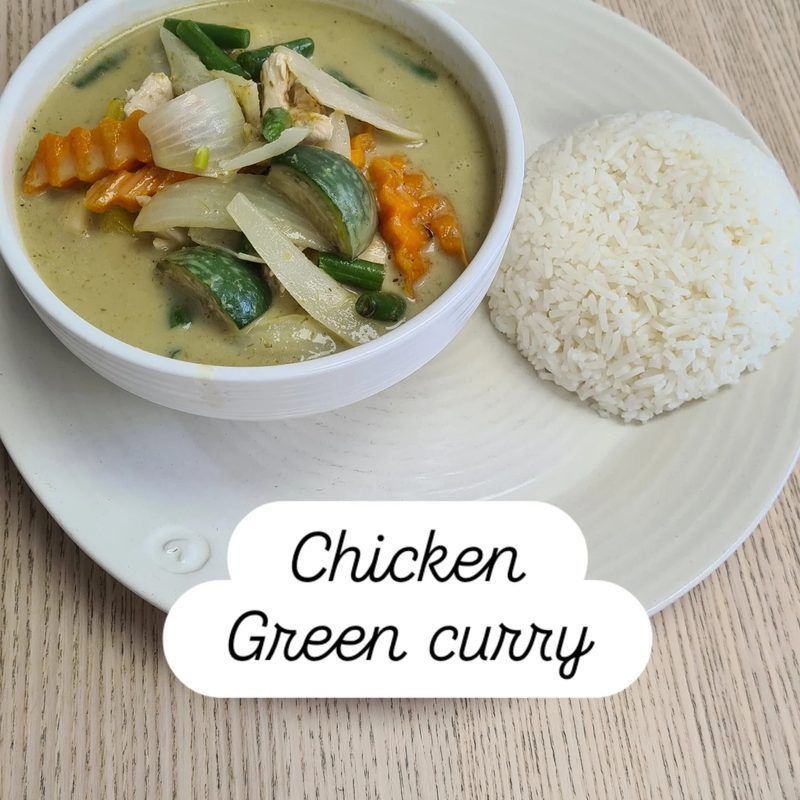 Thai green curry with chicken and jasmine rice - authentic curry at Charm Thai Cafe Doncaster