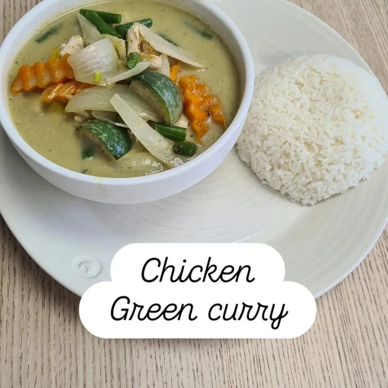 Authentic Thai green curry with jasmine rice freshly cooked at Charm Thai Cafe Doncaster DN1 2QP