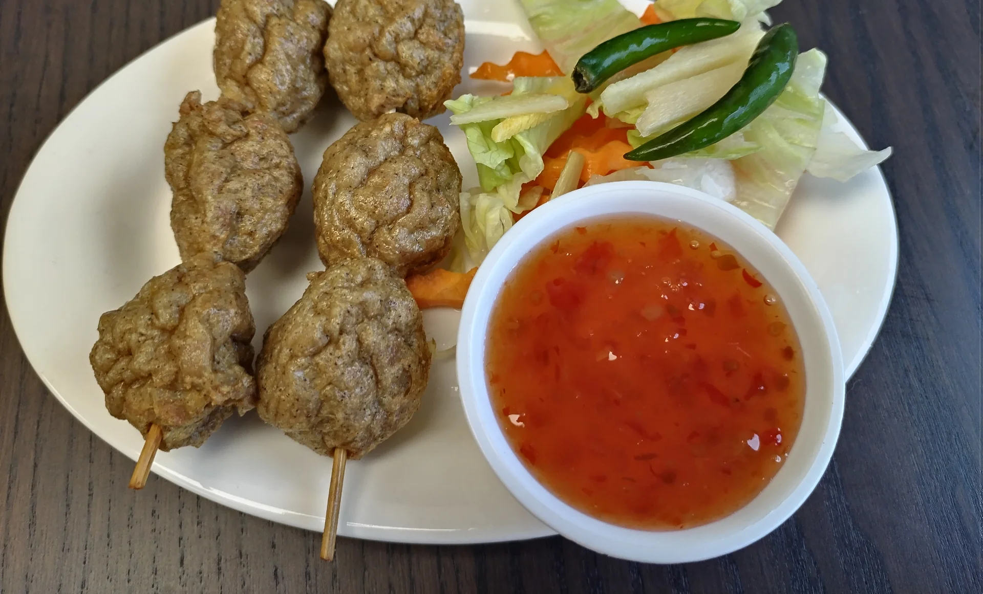 Luk Chin Nuea Thai beef meatball skewer with sweet chilli Charm Thai Cafe Doncaster