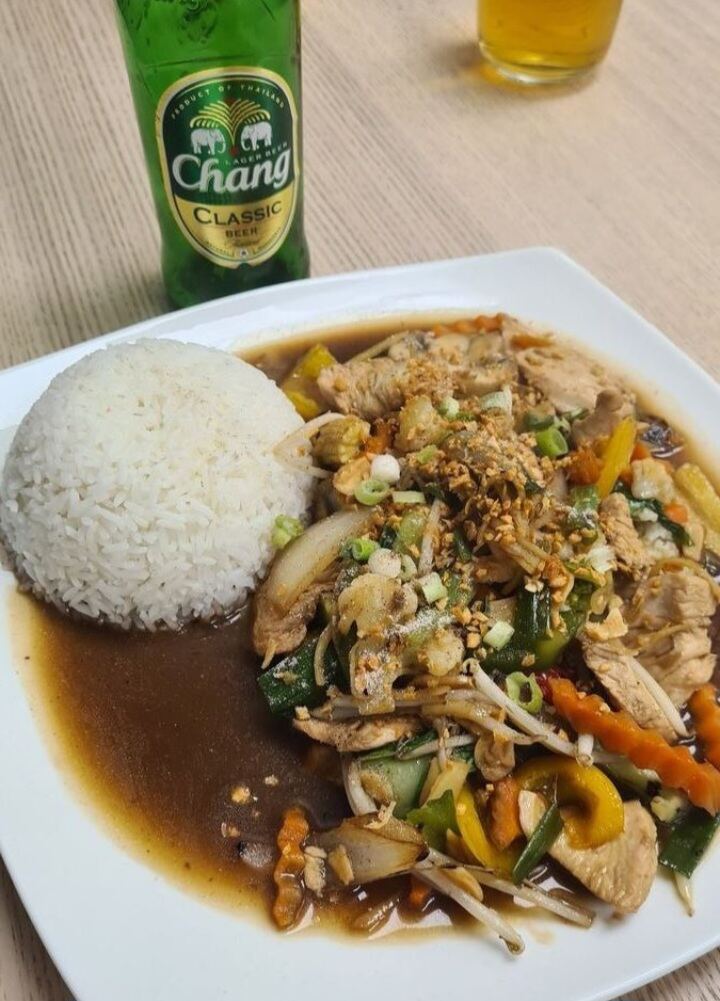Vibrant Thai mixed vegetable stir fry - vegan dish at Charm Thai Cafe Doncaster