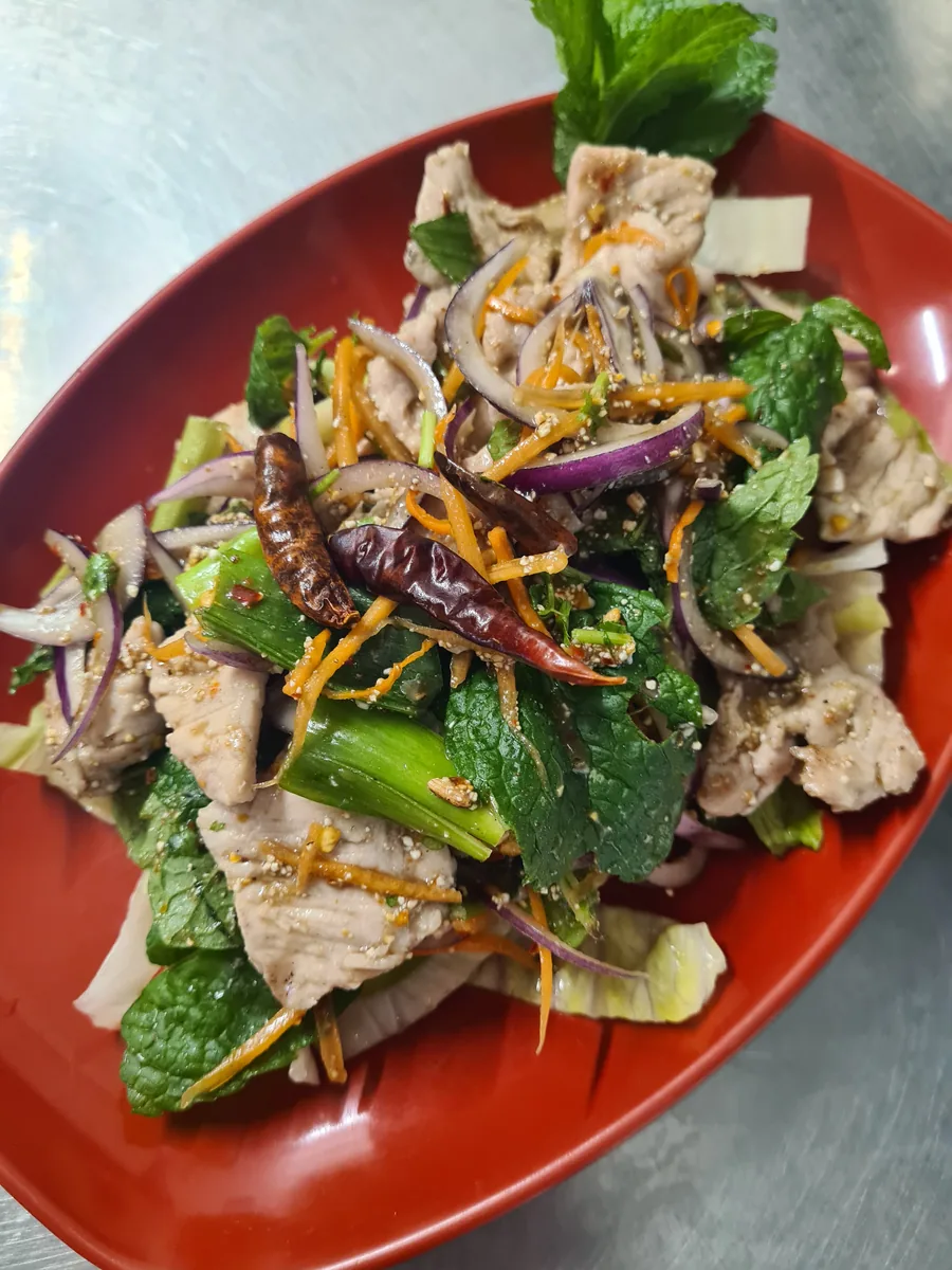 Nam Tok pork sliced grilled Thai Isaan salad with mint and dried chilli Charm Thai Cafe Doncaster