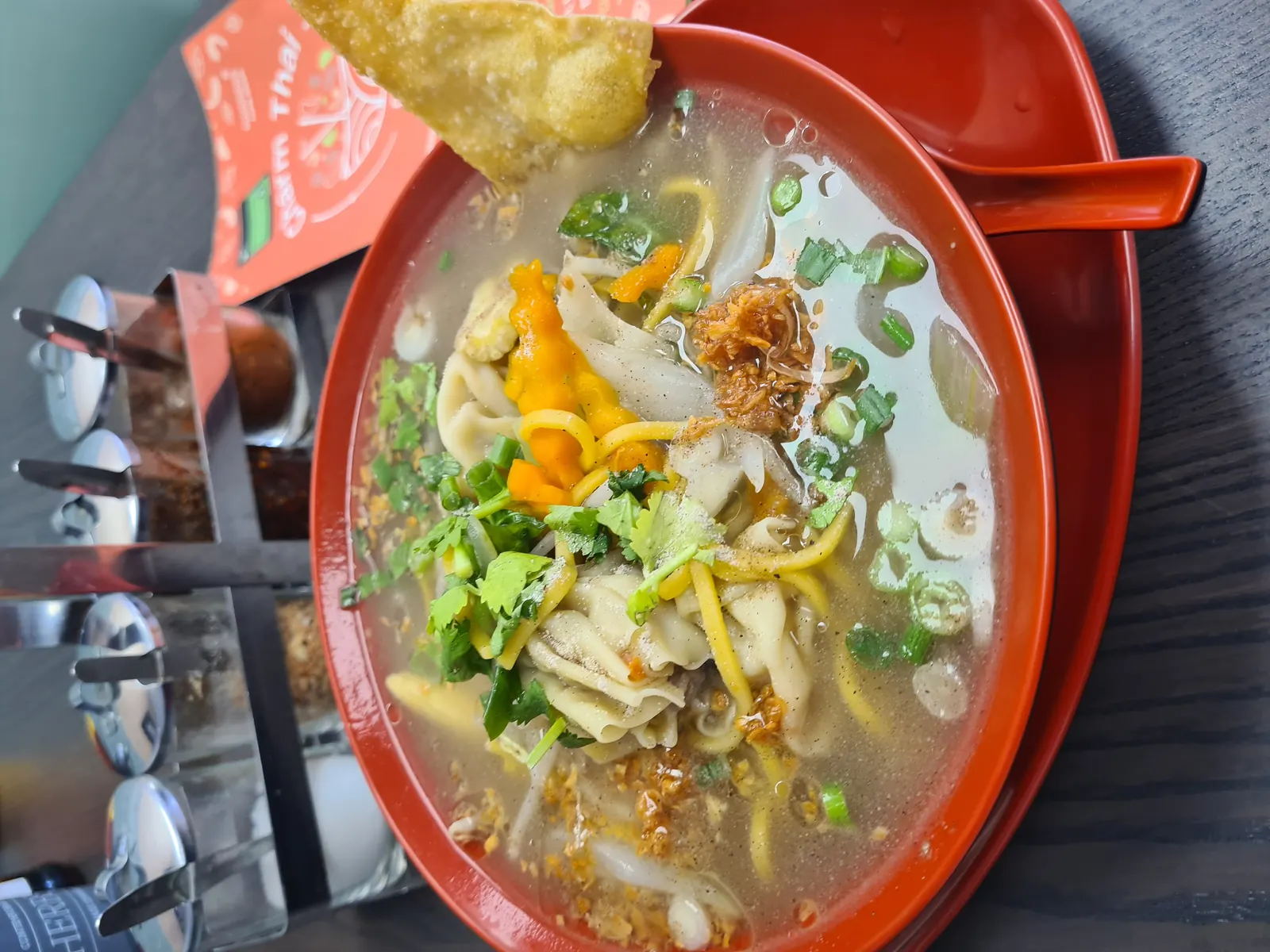 Pork dumpling light noodle soup with spring roll, Doncaster