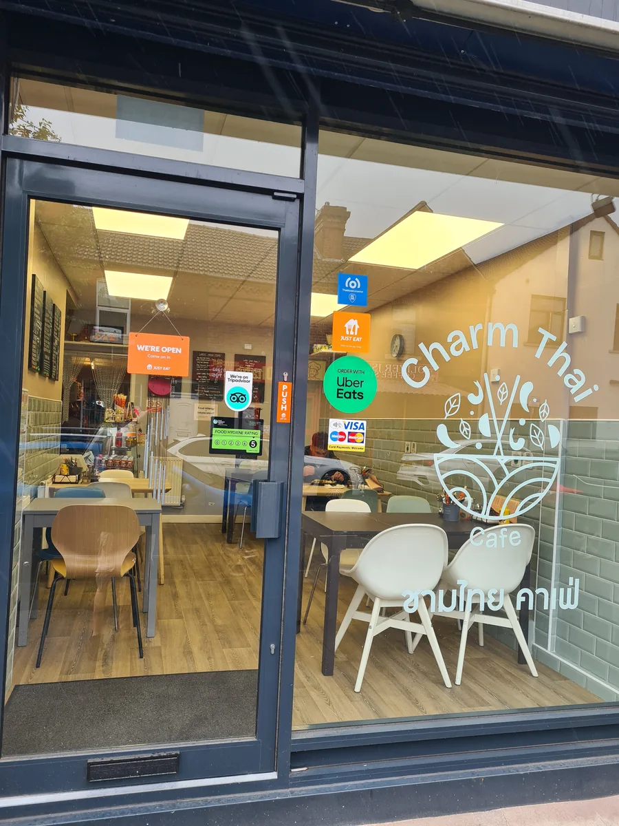 Charm Thai Cafe shopfront on Copley Road, Doncaster - twenty-two minutes east of Wath upon Dearne