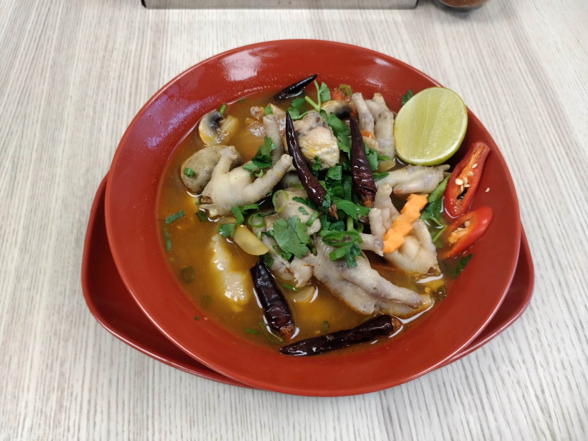 Tom Zaap chicken feet Isaan spicy sour Thai soup with lime and chilli Charm Thai Cafe Doncaster